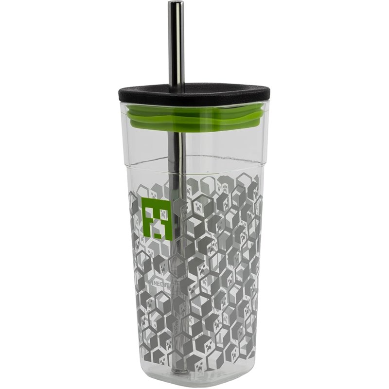 Copo Acrílico 540 ML com Palhinha Aço Inoxidável - Minecraft Copo Acrílico 540 ML com Palhinha Aço Inoxidável - Minecraft