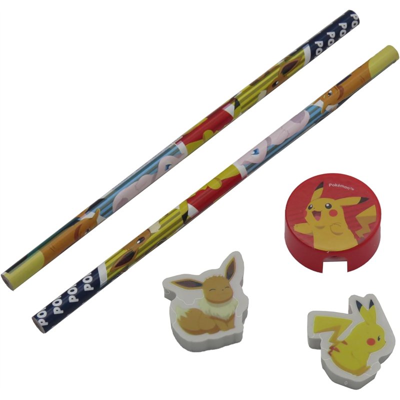 Set Papelaria - Pokémon (2 Lápis + 2 Borrachas + 1 Afia)