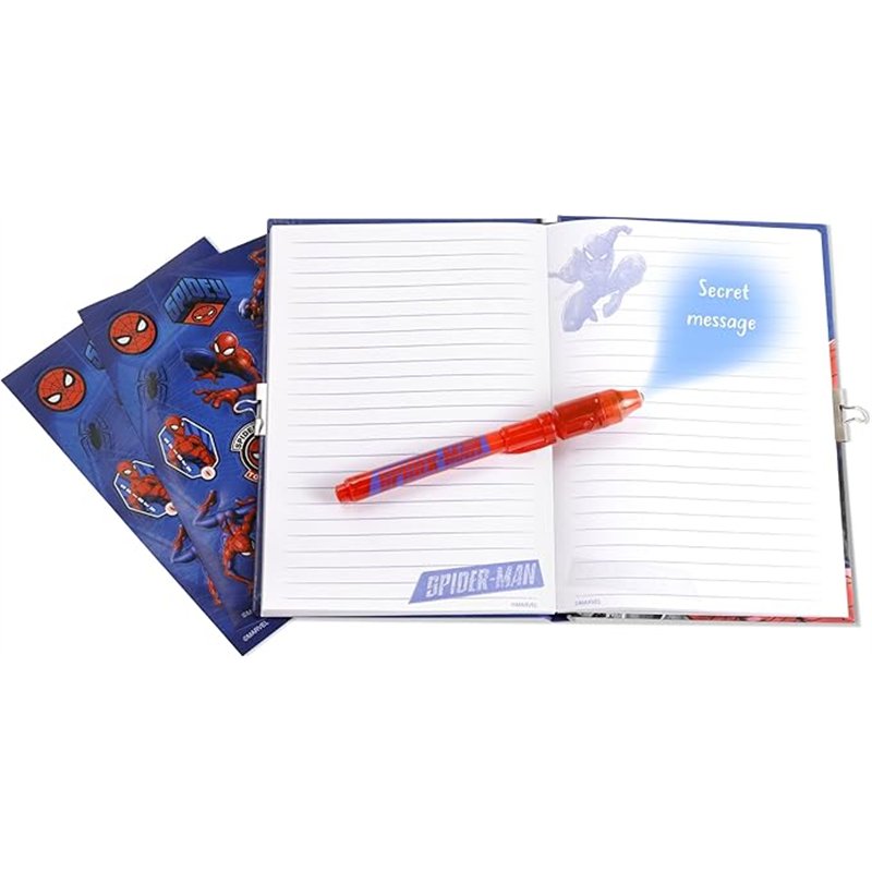 Conjunto Diário Secreto + Caneta Mágica + Folhas de Autocolantes - Marvel Spiderman
